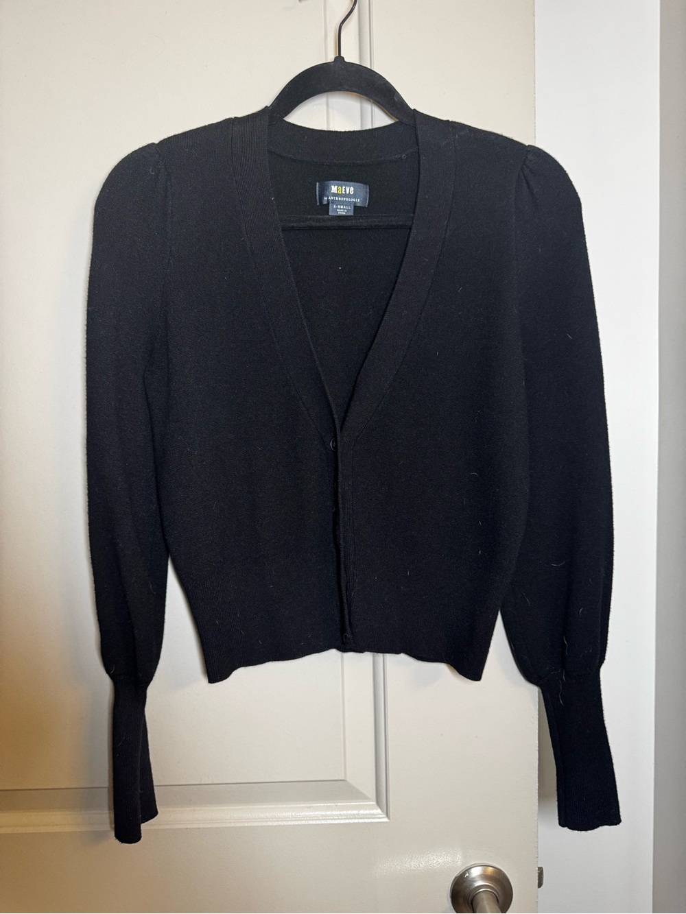 Maeve Black V-Neck Puff Shoulder Cardigan